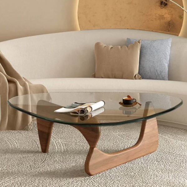 Triangle Coffee Table Mid Century Modern Glass with Solid Wood black